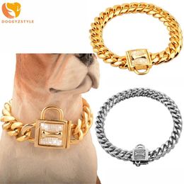 Leashes Gold Cuban Dog Chain Collar Silver Stainless Steel 19mm Heavy Duty Pet Training Choke Collar Metal Luxury Dog Necklace Large Dog 2