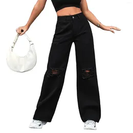 Women's Jeans Women Wide Leg Trousers Casual Loose Ripped Button Zipper Pocket Straight Japanese 2000s Style Y2k Pantalones