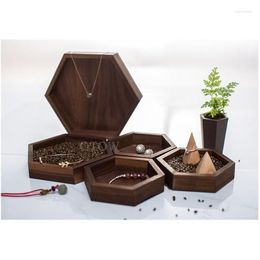 Jewelry Pouches, Bags Jewelry Pouches Fashion Black Walnut Wood Display Tray Box Solid Holder Drop Delivery Packing Jewelry Jewelry Pa Dhoit