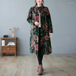 Women's Trench Coats 2023 Stand Collar Print Floral Single Breasted Thicken Fleece Warm Autumn Winter Women Casual Outwear