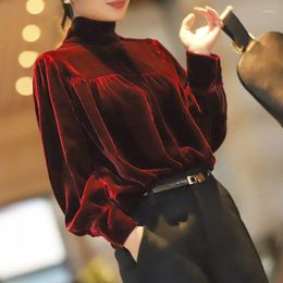 Women's Blouses Winter Female T-shirt Bright Red Stitching Women High Collar Bottoming Shirt Fashion Pleuche Pullover Tops B284