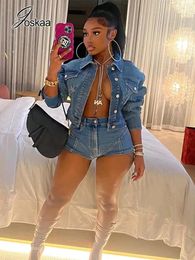 Sets Joskaa Sky Blue Denim Two Piece Set Women Sexy Lapel Long Sleeve Button Up Jackets and Shorts Matching Autumn 2022 Streetwear