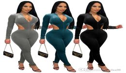 Designer Women Velvet One Piece Jumpsuits Sexy Velour Zipper Hollow Out Rompers Long Sleeve And Leggings Bodysuit5064776