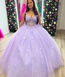 Quinceanera Dresses Lavender Prom Party Ball Gown Custom Zipper Lace Up Plus Size New Vestido De For Sweet 15 Applique Tulle 3D Floral Appliques Bow V-Neck