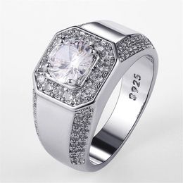 Luxury 925 Sterling Silver Men Crystal Zircon Stone Wedding Ring Brilliant Noble Engagement Engage Party Rings with Stamp3184