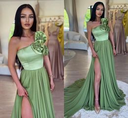 New Arrival A-line Evening Dress 2024 One Shoulder Hand Flower Slit Chiffon Satin Floor Length Formal Party Prom Gowns Robe De Soiree