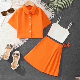 Skirts 2023 Summer Suit Big Girl Clothing Set Short Sleeve Orange Skirt Vest + Shirt + Skirt Three Piece Set 7 8 9 10 11 12 Years YQ231223