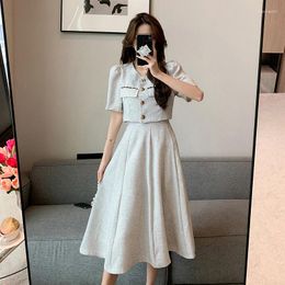 Work Dresses Elegant Ladies Grey Two Piece Set Women Casual Short Sleeve Shirt Blouse Long Skirt Suits Female Korean Crop Tops 2 Sets