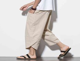 2021 Men Chinese Style Cotton Linen Harem Short Pants Mens Retro Streetwear Beach Shorts Male Casual CalfLenght Trousers G2202216201790