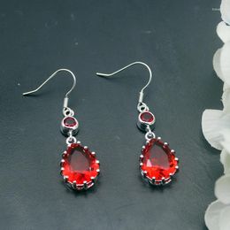 Dangle Earrings Hermosa Glowing Teardrop Blood Red Garnet Silver Color For Women Fashion Jewelry 1 3/4 Inch ME029