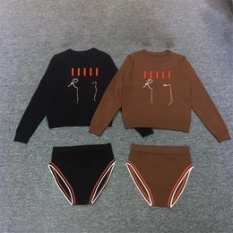 Knitted Women T Shirt Briefs Set Holiday Beach Jumpers Shorts Outfits Sexy Long Sleeve Woman Charming Jumper Top Briefs