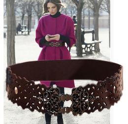 Fashion Womens Genuine leather Double Buckle Elastic Waist Belt Wide Stretch Corset Waistband6693027