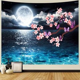 Tapestries Moon Over Ocean Tapestry Pink Cherry Blossom Butterfly Wall Art Hippie Home Hanging Bedroom Room Decor Blanket