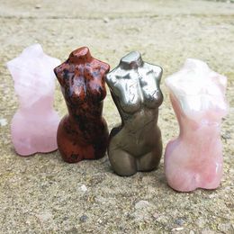 Crafts 8 cm Crystal Goddess Natural Rose Quartz Statue Pyrite Carved Woman Torso Red Obsidian Gem Body Sculpture Aura angel stone Yoga Po