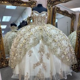 Sparky Ivory 3D Flowers Off the Shoulder Quinceanera Dress Gold Applique Lace Beads Princess Ball Gown for Sweet 16 Dress Lace-up