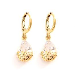 Trendy Luxury 24 K CT Gold GF CZ Water Drop Earring Dangle & Chandelier Bridal Accessories Cute Stone multiple colour select Elega280u