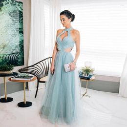 Casual Dresses Sexy Halter Tulle A-line Prom Sleeveless Hollow-out Mesh Formal Party Gowns Elegant Floor Length Vestidos