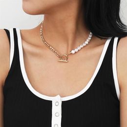 Pendant Necklaces TARCLIY Trendy Half Figaro Link Chain Pearl Choker Necklace Asymmetric Toggle Clasp Vintage Geometric Women Jewe239Z