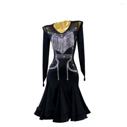 Stage Wear Latin Dance Competition Women's High End Customised Mesh Diamond Samba Tango Performance Clothing Black Pool Dress For Children