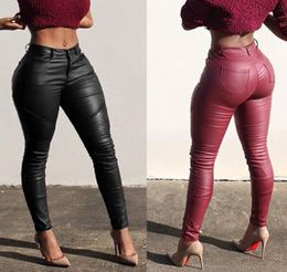 New Style Women039s Pants Stretch High Waist Pencil Pants Skinny PU Leather Leggings Pure Color Pocket Trousers Fashion 2019222204