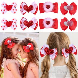 Girls sequins love heart Bows hairpins kids Multi layered dovetail Bow hair clip Valentine's Day children party barrettes accessories Z6259