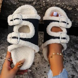 Slippers 2024 Women's Winter Soft Flat Shoes Indoor Plush Large Belt Buckle Comfortable Casual Home Cotton 43