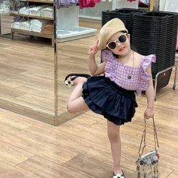 Skirts Cute and Trendy 2023 Summer Korean Style Girls' Sets with Plaid and Lace Flare Sleeve Top and Cake Skirt Suit for Girls YQ231223