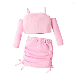 Clothing Sets Little Kid Girl Skirt Outfit 2Pcs Summer Clothes Set Cold Shoulder Long Sleeve Crop Tops With Mini Suits