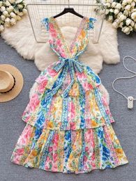 Casual Dresses Summer Gorgeous Flower Cascading Ruffles Long Cake Dress Women's Sleeveless V Neck Floral Print Lace Up Chiffon Party Vestido