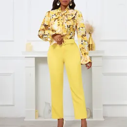 Ethnic Clothing Women Two Pieces Set Printed Blouse Long Sleeves High Waist Pants Trousers Elegant Office Ladies Work Wear Suit 2 African