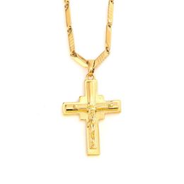 Men's Cross Pendant 18 k Solid Fine Yellow Gold GF Charms Lines Necklace Christian Jewellery Factory God gift305q
