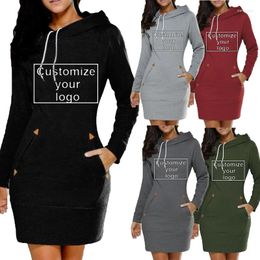 Casual Dresses Slim Fit Dress Hooded Customization Your Logo Women's Long Sleeve Sweater Polyester Solid Color