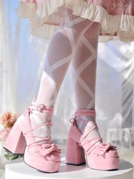 Dress Shoes Women Pumps Lolita Mary Jane Platform Chunky High Heel Strap Bow-knot Ladies Sandals Female Fashion Sweet Cute Harajuku