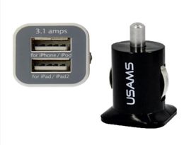 100pcs USAMS 31A Dual USB Car 2 Port Charger 5V 3100mah double plug car Chargers Adapter for Smart Mobile Phones3336446