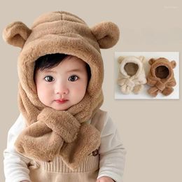 Berets Cute Bear Winter Warm Plush Children Scarf Hat Baby Ear Protection Cap Kids Boys Girls Outdoor Ski Windproof Beanies Neck