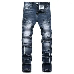 Men's Jeans Slim Fit Small Feet Personalized Pocket Patch Blue Tight Long K19-8834