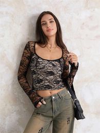 Women's Blouses Women Floral Lace Shirts See Through Long Sleeve Square Neck Corset Tops Casual Spring Summer Blouse Retro Aesthetic Clothes