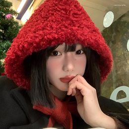 Berets Korean Version Of Red Cute Lamb Plush Strap Earflap Hat Winter Street Warm Versatile Kpop Bag Head Ski Beanie Hats For Women's