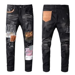 Hip Hop Men Pants Holes Amiryes Leopard Print Patches Slim Black Gradient Beggar Jeans Ripped Youth Usa