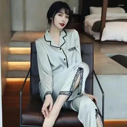 Women's Sleepwear Spring Autumn Soft Stain Pyjamas Set Long-sleeved Trousers Two-piece Lace Silk Home Wear Clothes For Women