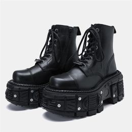 Retro Women Black Boots Lace-up Man Chunky Heel Punk Boot Metal Woman Man Thick Bottom Boots