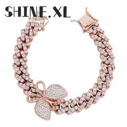 Hip Hop 12mm Micro Pave CZ Cuban Link Bracelet with Small Butterfly Ankle Punk Miami Bracelets for Women Men251m