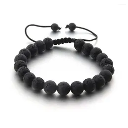 Strand Minimalist Black Volcanic Stone 8mm Beaded Woven Men's Bracelet Adjustable Jewelry