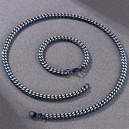 Chains 8MM Cuban Link Curb Chain Necklace & Bracelet Set For Men Golden Blue Stainless Steel Men's Necklaces Bracelets Man Ac273c