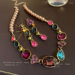 Necklace Earrings Set Colourful Cubic Zirconia Jewellery Sets Flower Waterdrop Jewellery For Women Classic Neck Chain Trendy Vintage