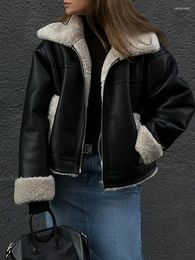 Women's Leather Black Fur Integrated Jacket Faux Lamb Wool Pu Coat Plush Woolen Blends Cropped Lapel Patchwork Zip Overcoat