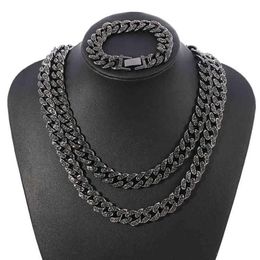 Whole Black 13mm Iced Out Cubic Zircon Diamond CZ Cuban Link Chain Miami Cuba Necklace Bracelet Hip Hop Jewellery For Men247w
