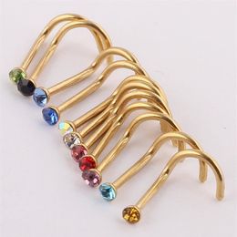 Mix Colors Rhinestone Nose Studs Screw Ring Bone Bar Body Piercing Jewelry Gold Silver Nose Pin283V