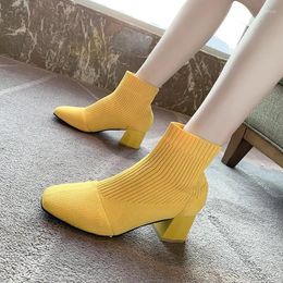 Boots Microfiber Ankle Sock 2023 High Quality Square Heel Shoes Female Winter Slip-On Toe Mid Solid Women's