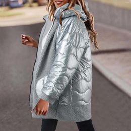 Women's Trench Coats Shiny Padded Imitation Lamb Patchwork Jacket Winter Warm Thicken Zip Up Hoodies Fashion Stand Collar Pocket Clothe